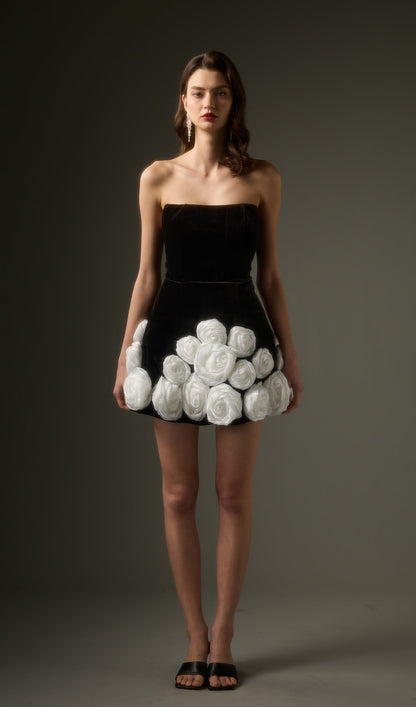 Black Off Shoulder Flower Mini Dress