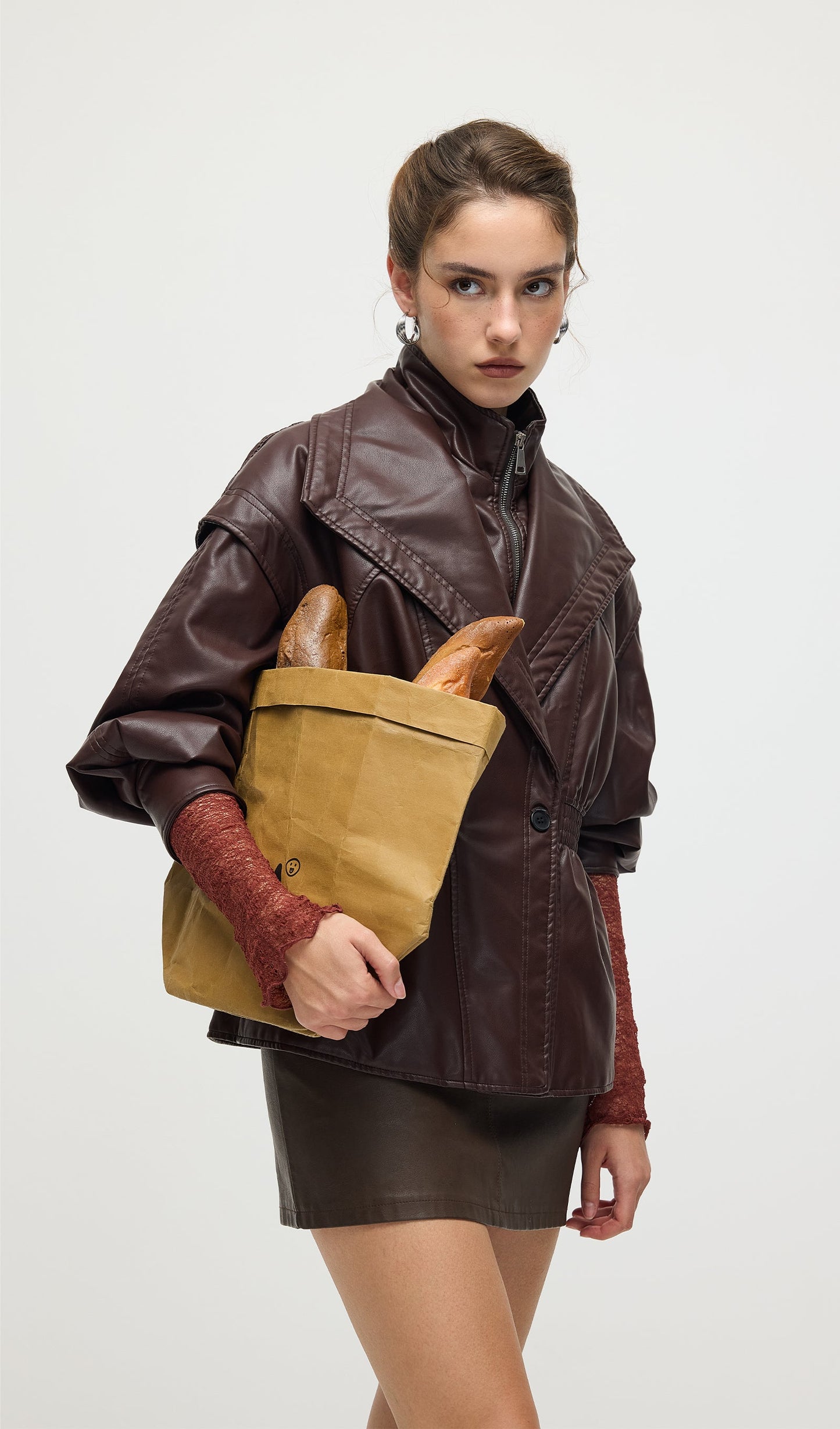 Waisted Lapel Leather Jacket In Brown
