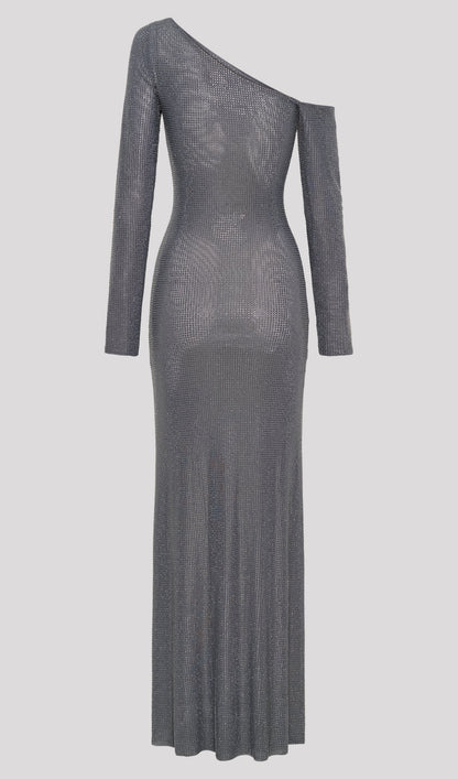 Diamante Long Sleeve Maxi Dress In Gunmetal