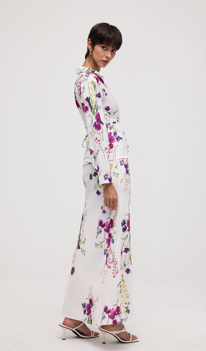 Floral Print Satin Maxi Skirt Two Piece Sets