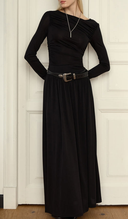 Ruffle Knitted Maxi Dress-Black