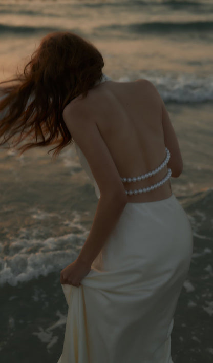 Satin Pearl Decor Maxi Dress In White
