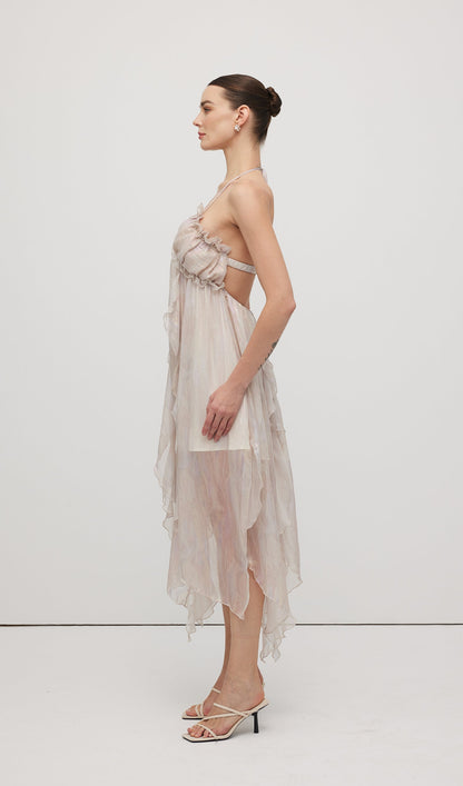Halter Tulle Pleated Midi Dress In Pink