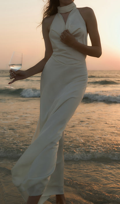 Satin Pearl Decor Maxi Dress In White
