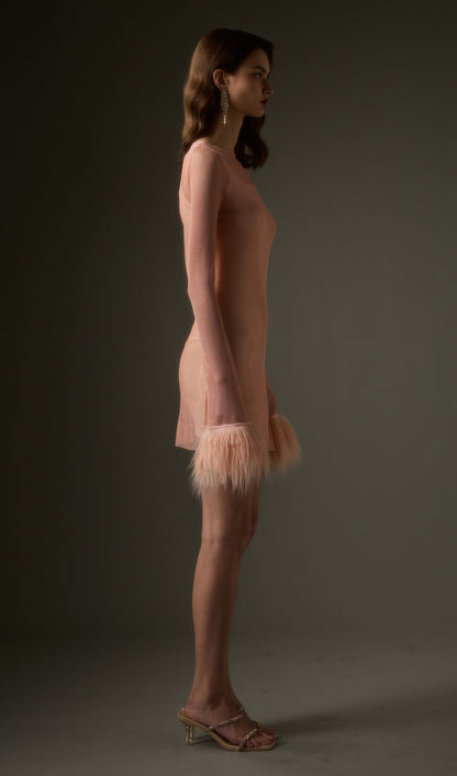 Sheer Rhinestone Mini Dress in Pink