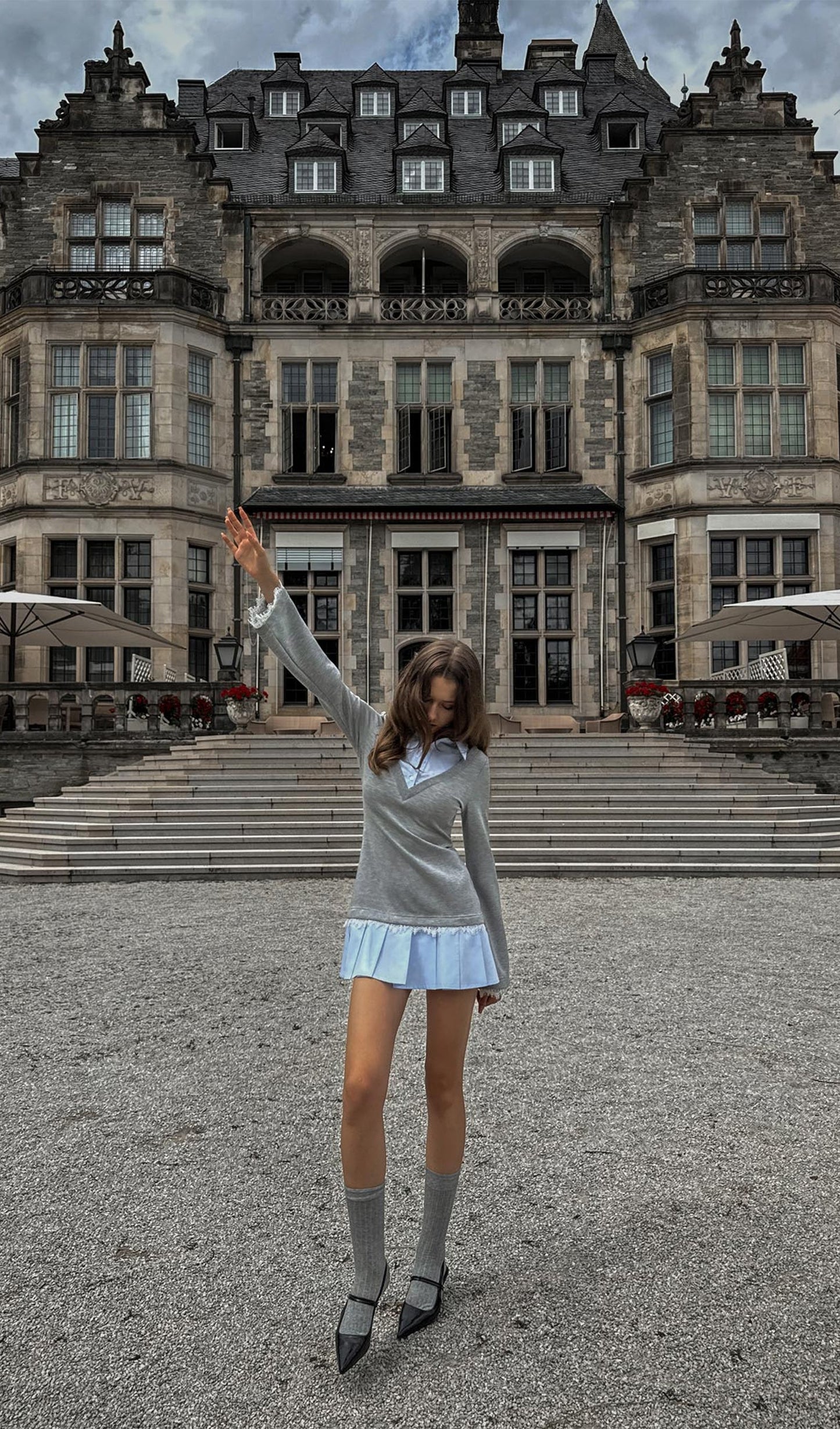 Shirt With Imitation Lace Decor Mini Dress In Grey