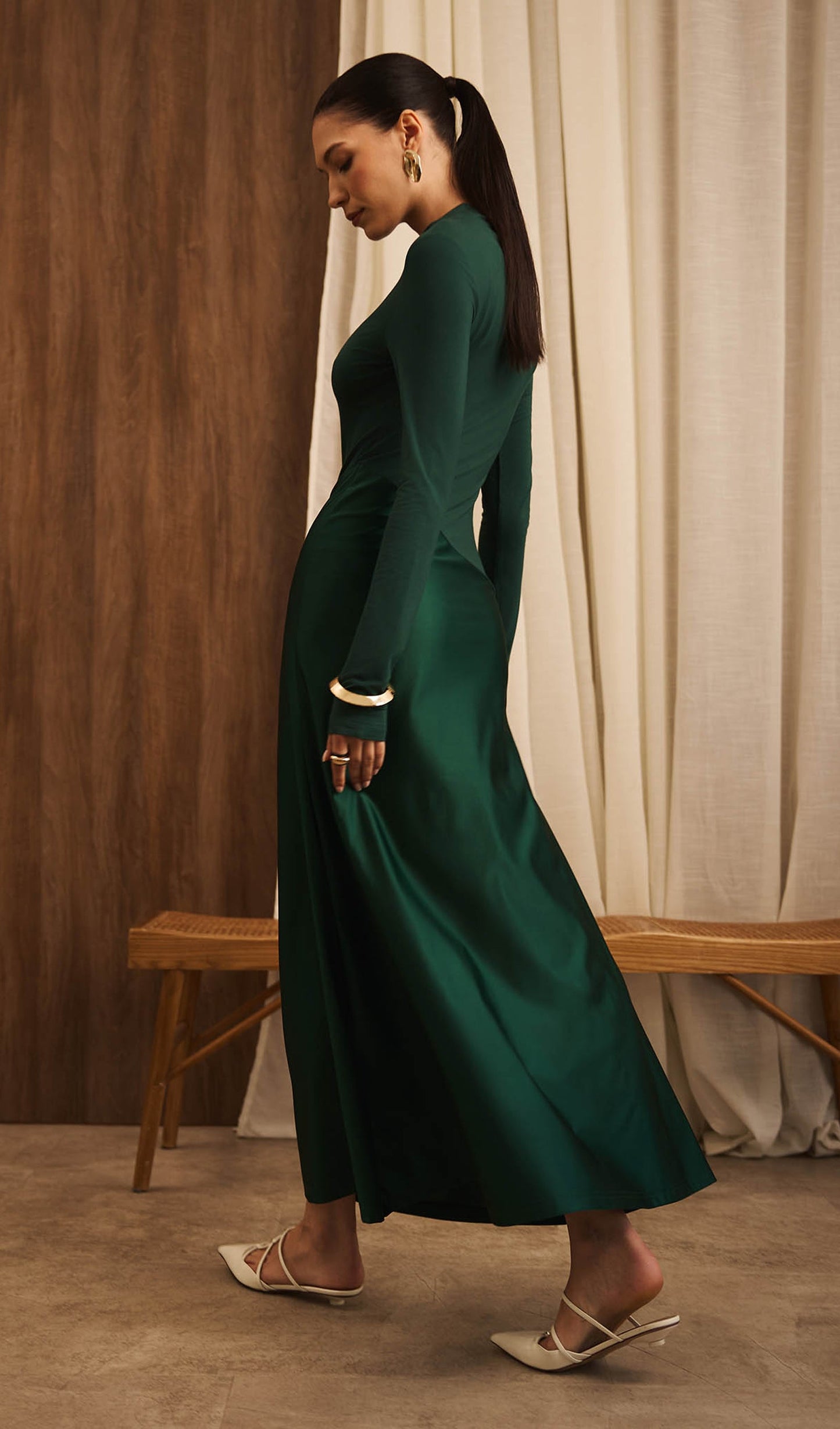 Combination Maxi Dress With Satin In Green