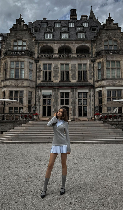 Shirt With Imitation Lace Decor Mini Dress In Grey