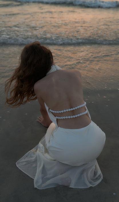 Satin Pearl Decor Maxi Dress In White
