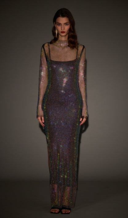 Mesh With Monochrome Maxi Dress In Colored Diamonds