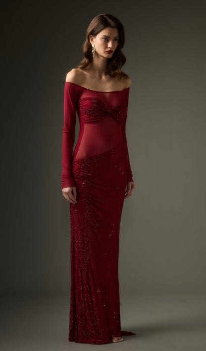 Diamante Off Shoulder Maxi Dress In Red