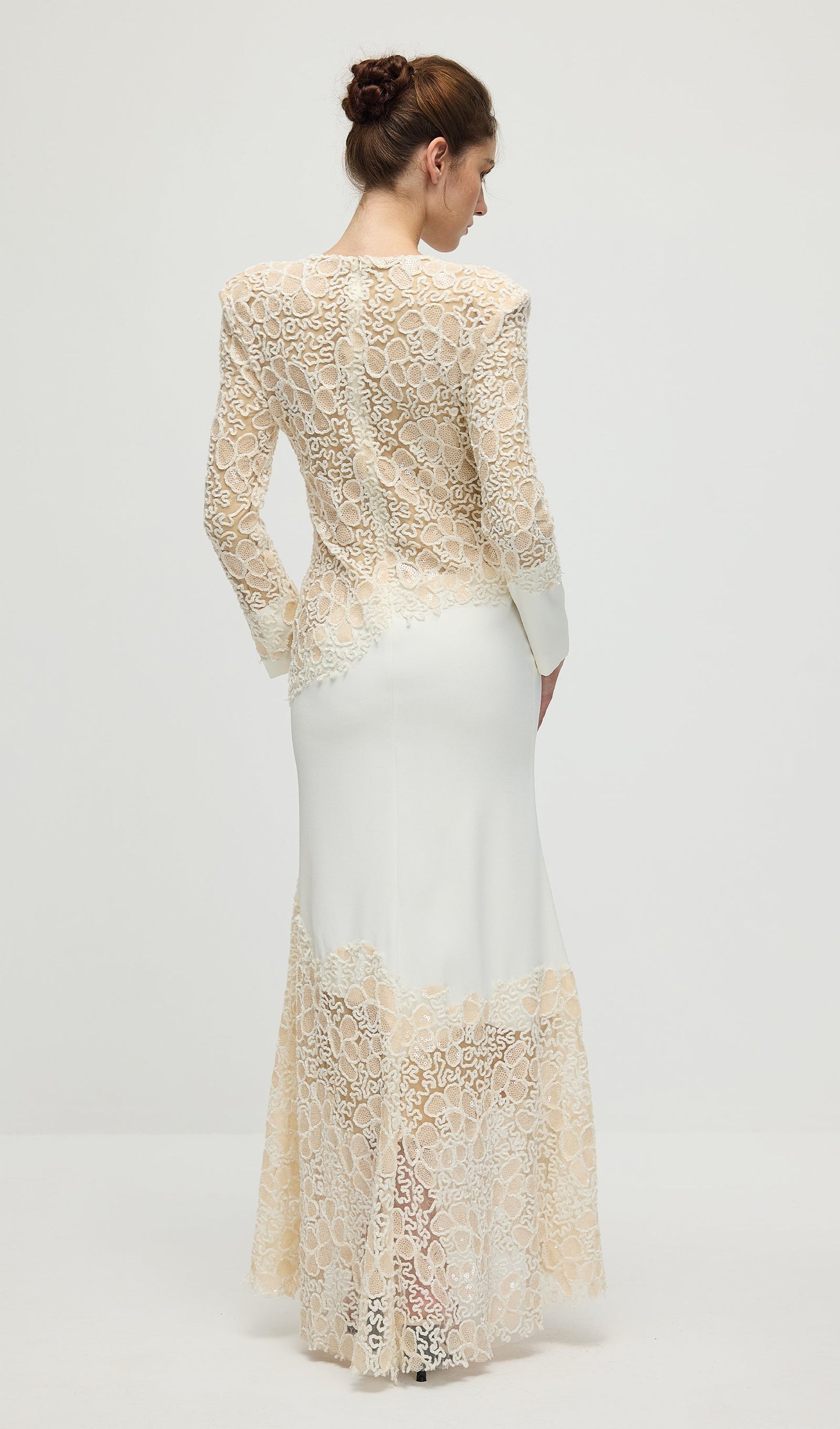 Textured Floral Embroidered Sequined Maxi Dress In Ivory