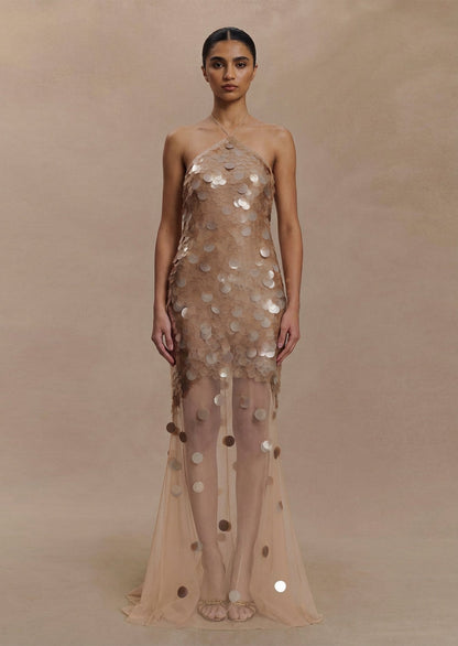 Hand Embellished Maxi Dress In Gold