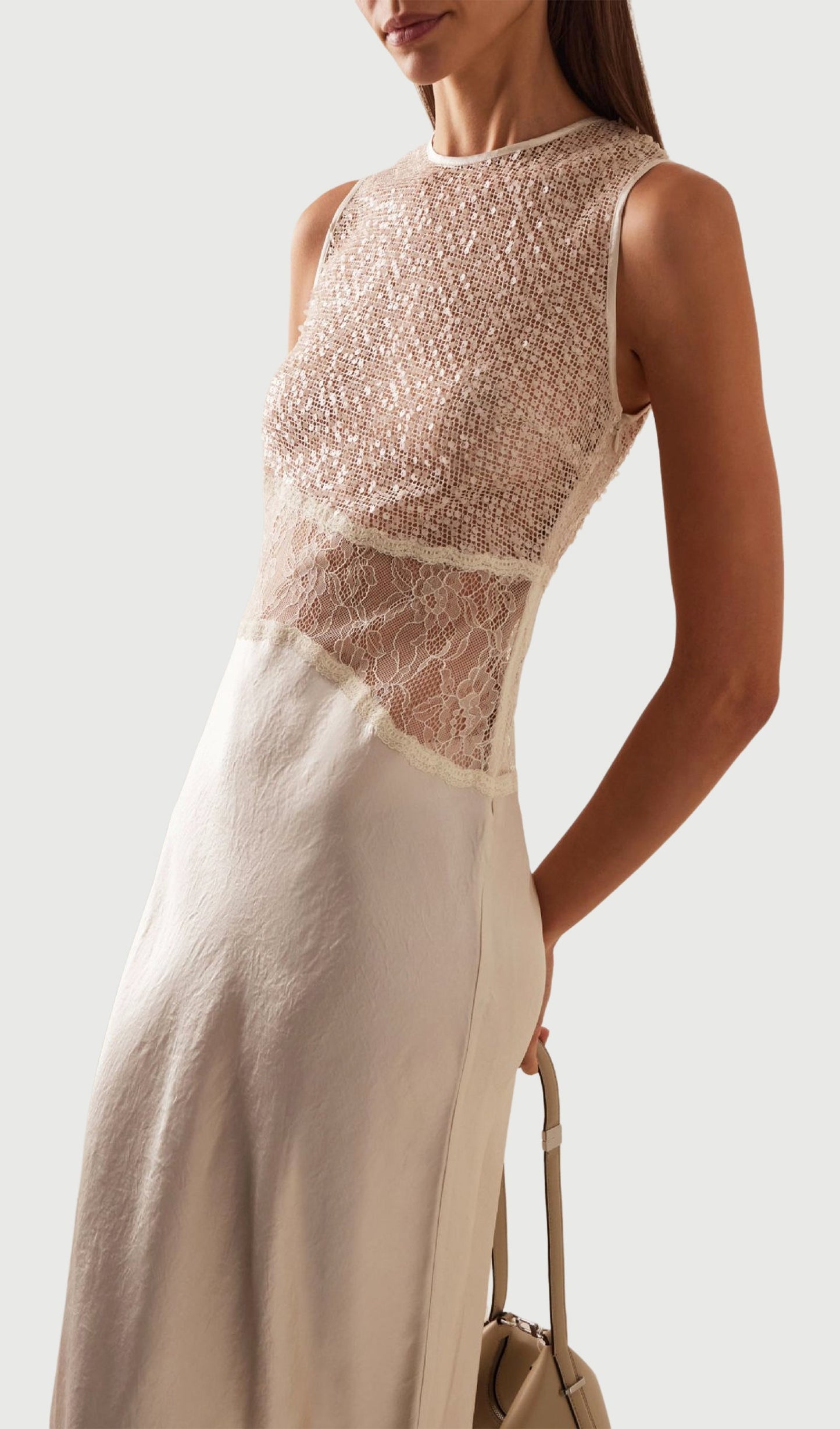 Semi-Sheer Satin Patchwork Maxi Dress