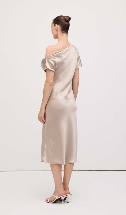 Asymmetric Satin Draped Midi Dress