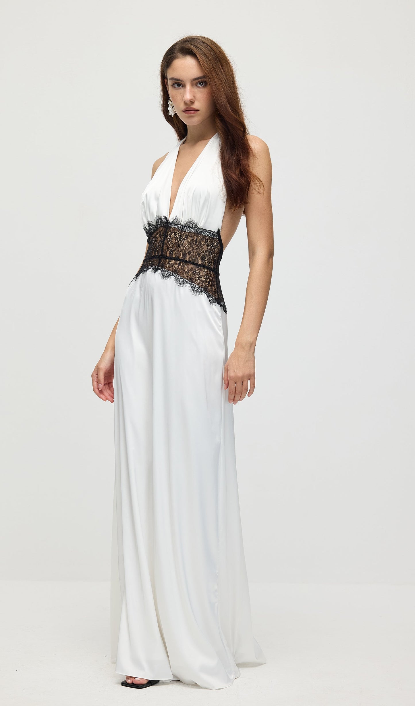 Lace And Satin Maxi Dress In White