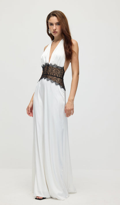 Lace And Satin Maxi Dress In White