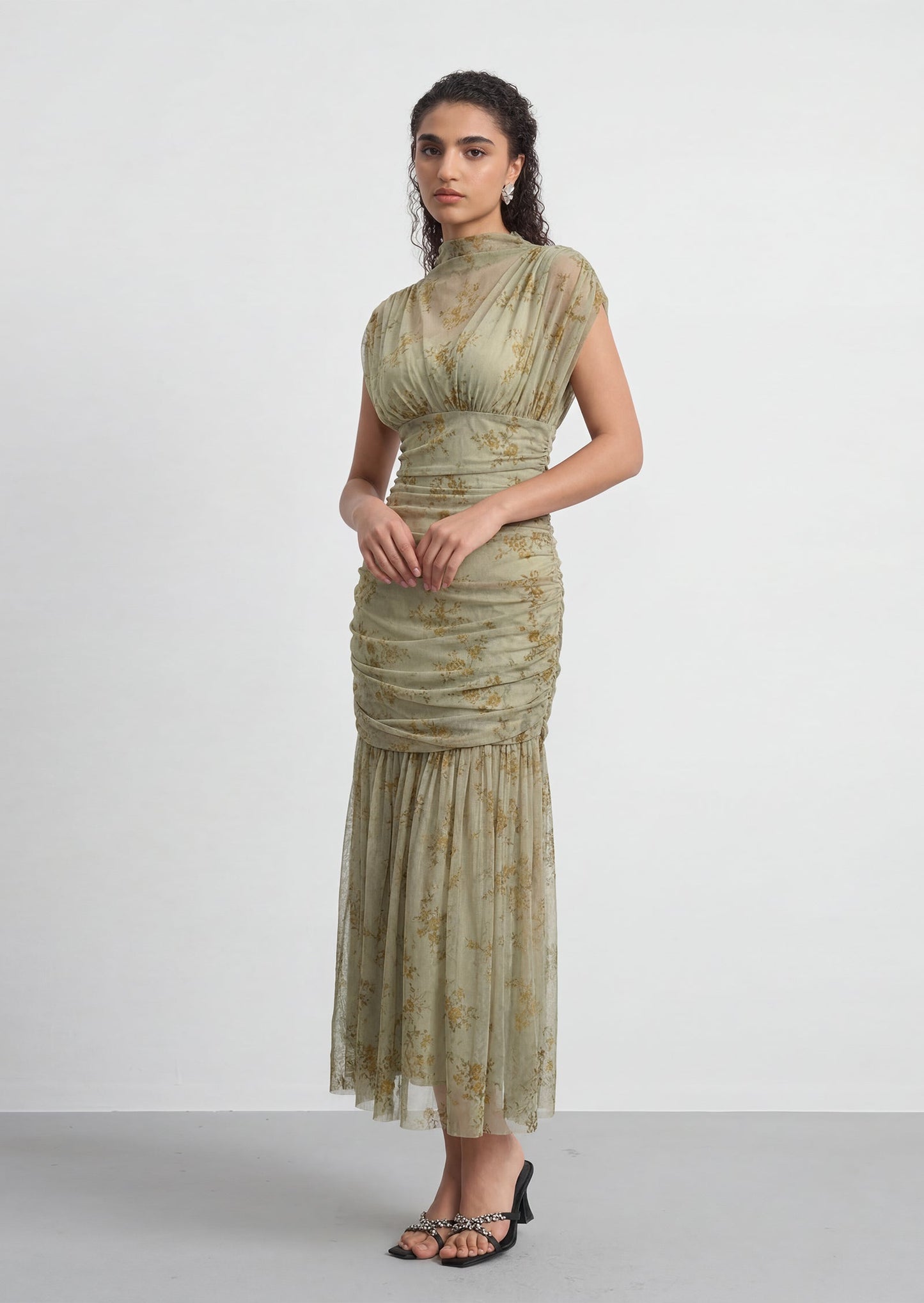 Haruna Floral Ruched Mesh Maxi Dress