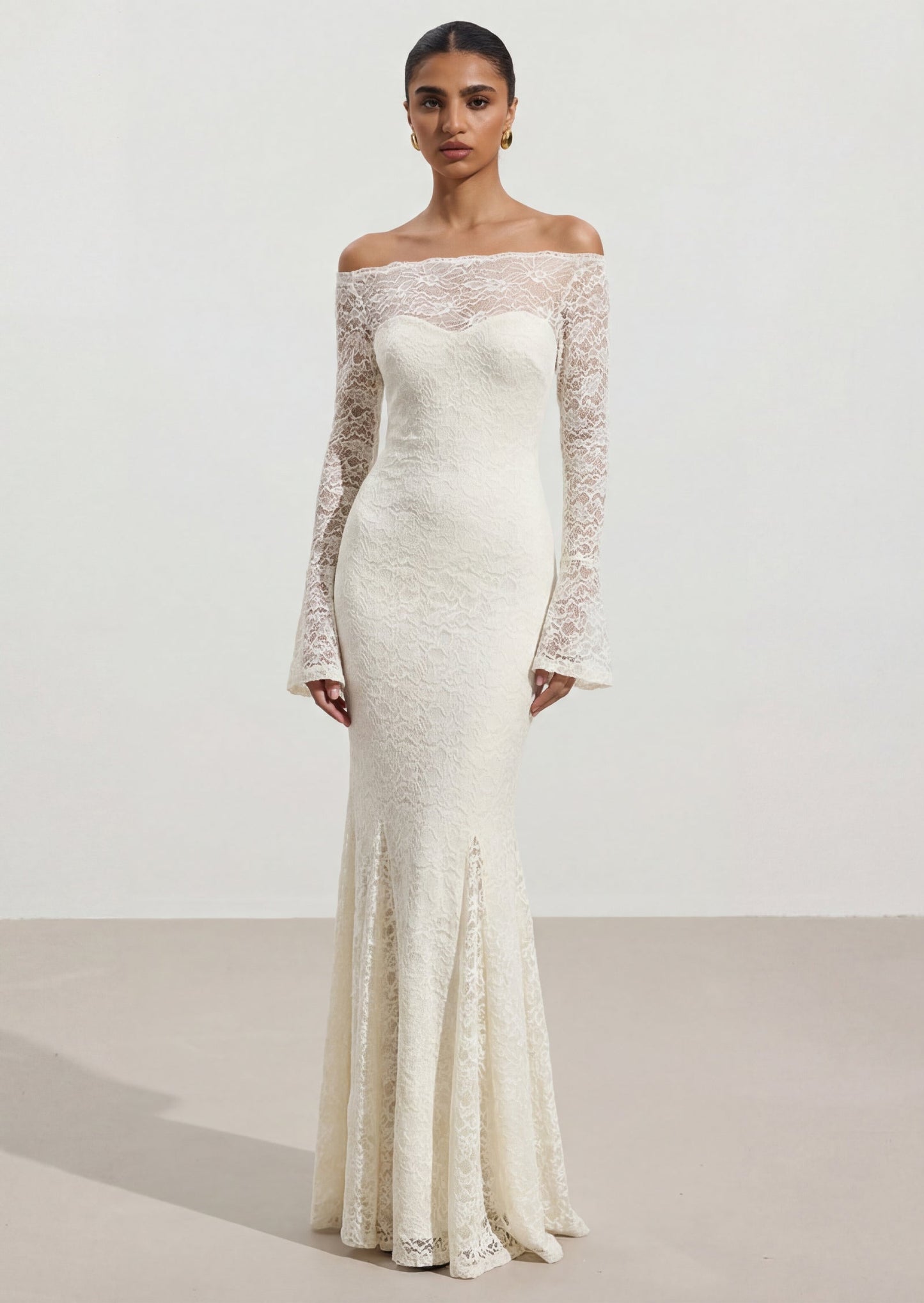 Clakely Off Shoulder Mermaid Lace Maxi Dress In White