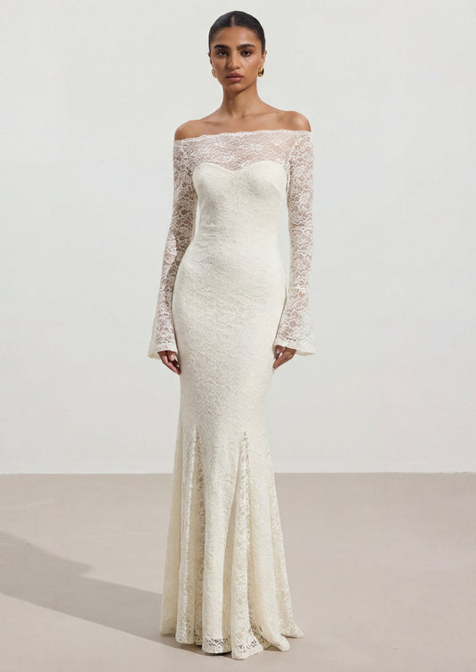 Clakely Off Shoulder Mermaid Lace Maxi Dress In White