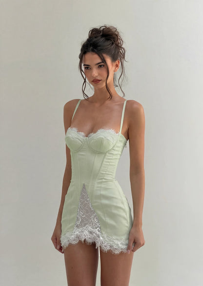 Satin Corset-Inspired Mini Dress In Mint Green