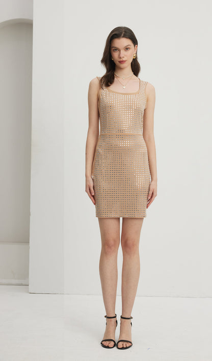 Embellished Square Neck Mini Dress Nude