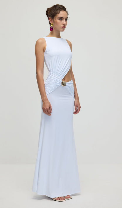 Draping And Shell Decorations Maxi Dress In White