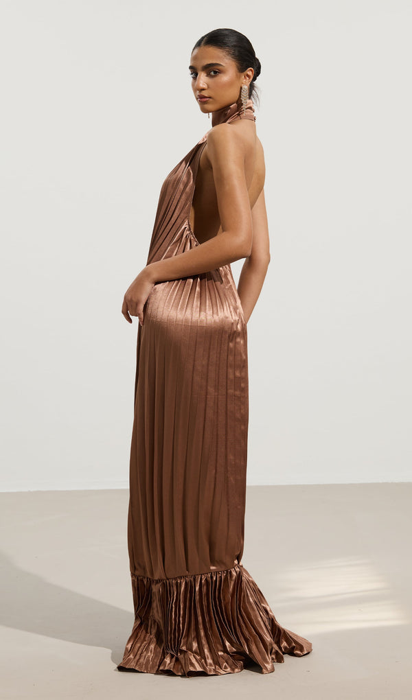V Neckline Pleats Ruffled Maxi Dress