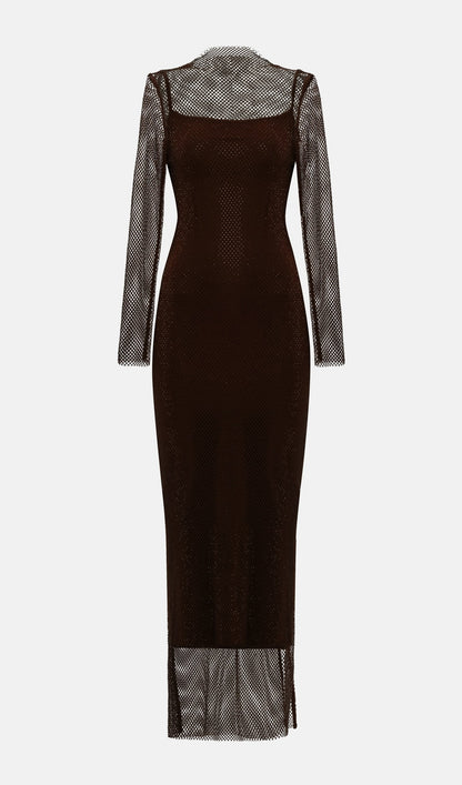Mesh With Monochrome Lining  Maxi Dress In Coffee