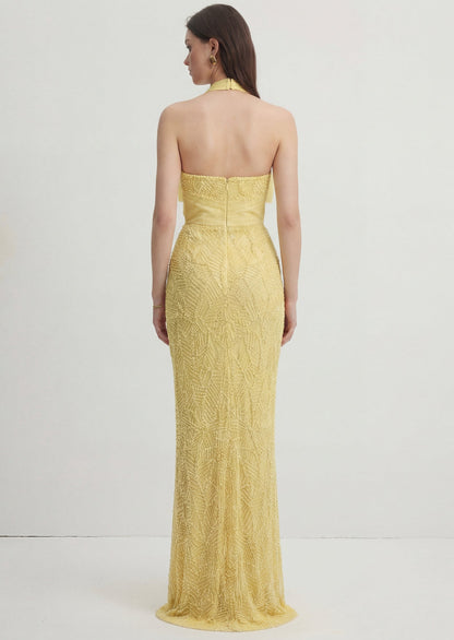 Halterneck Bowknot Beaded Maxi Gown