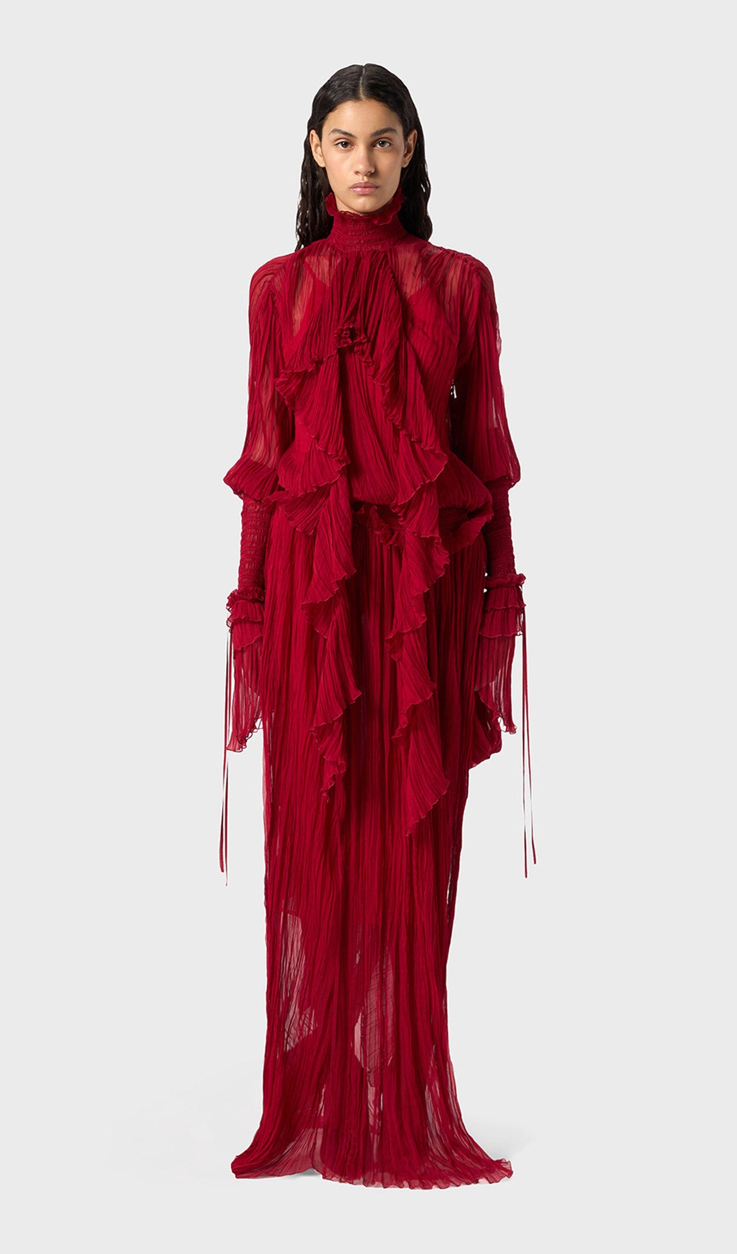 Pleated Silk-Chiffon Slit Maxi Dress In Red