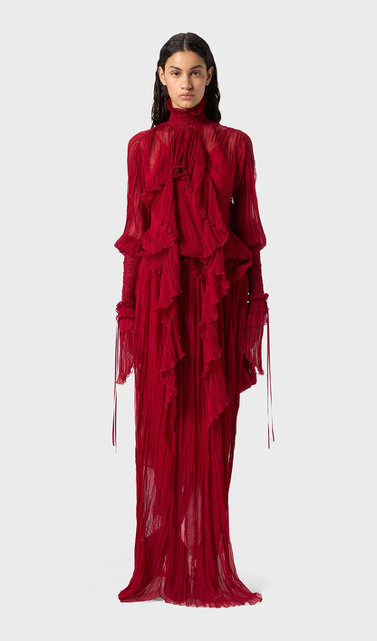 Pleated Silk-Chiffon Slit Maxi Dress In Red