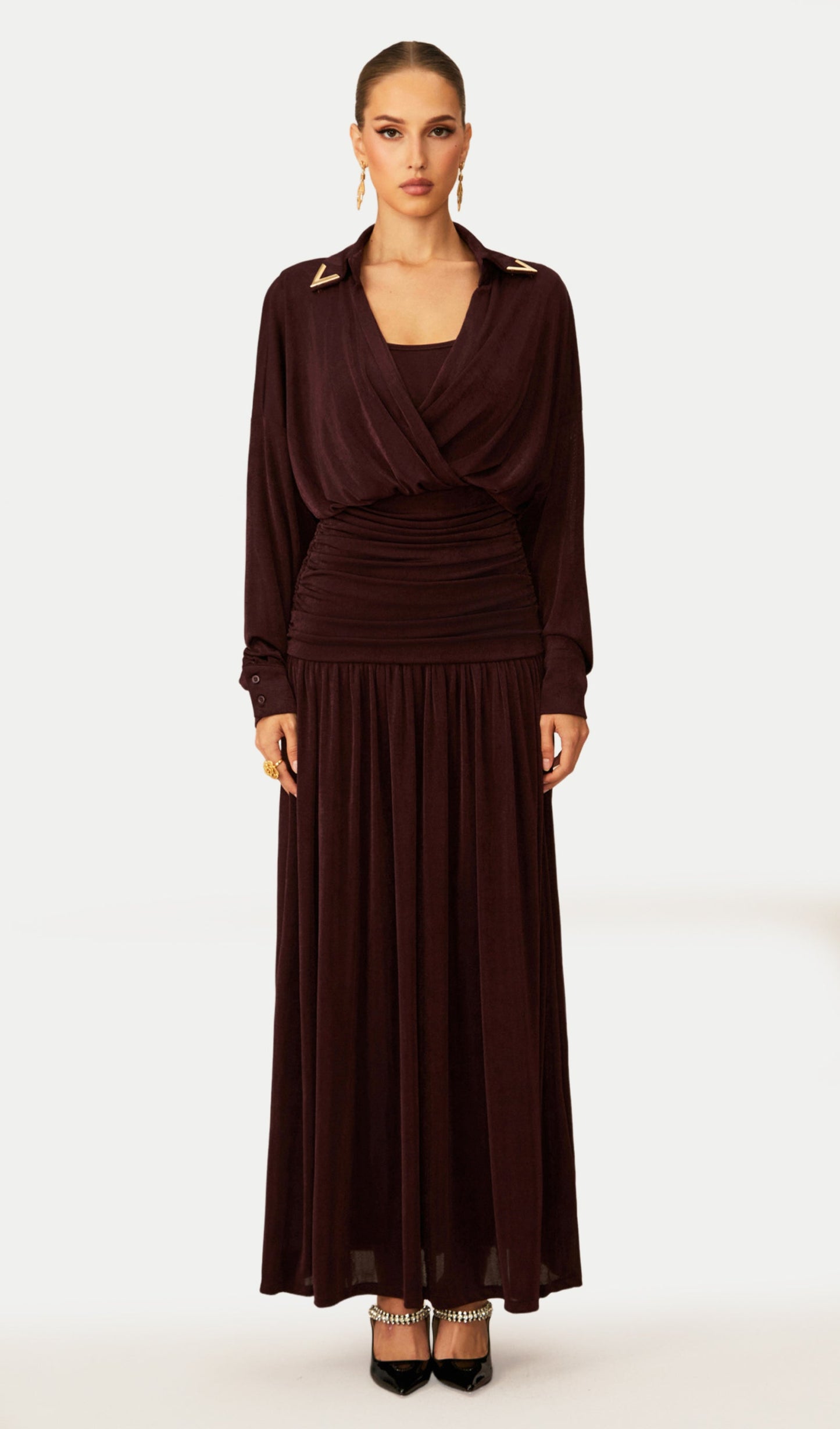 V Neck Ruched Waist Maxi Dress