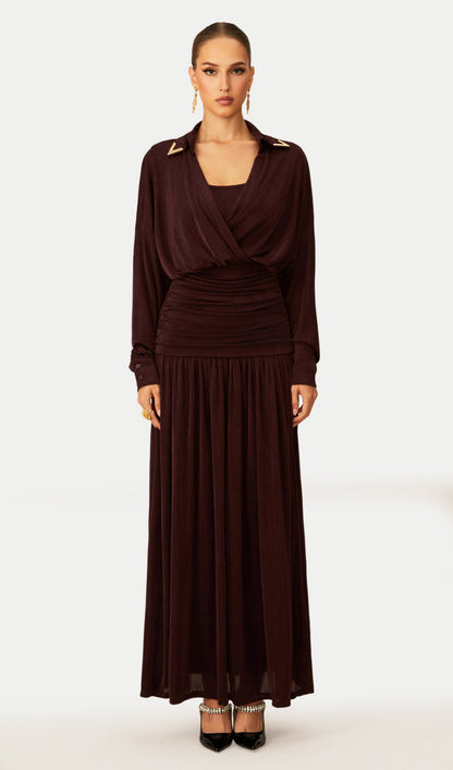 V Neck Ruched Waist Maxi Dress