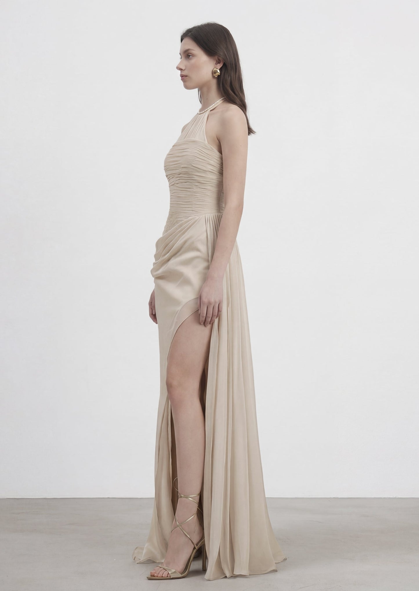 Halter Neck Asymmetrical Ruching Maxi Dress