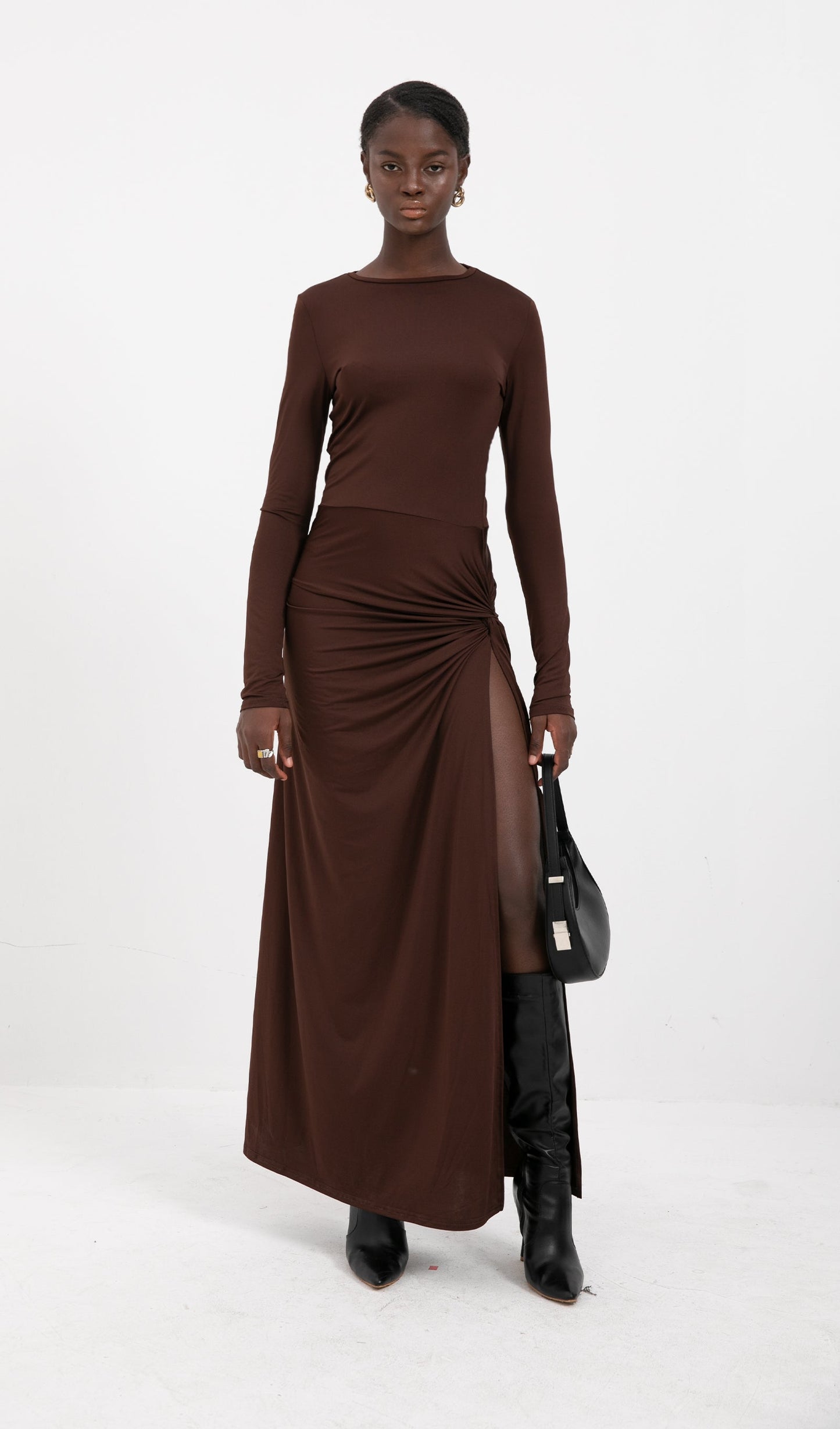 Trendy Draped Jersey Slit Maxi Dress-Brown