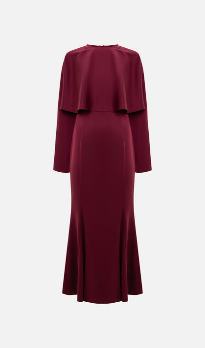 Maxi Dress With Voluminous Cape In Claret