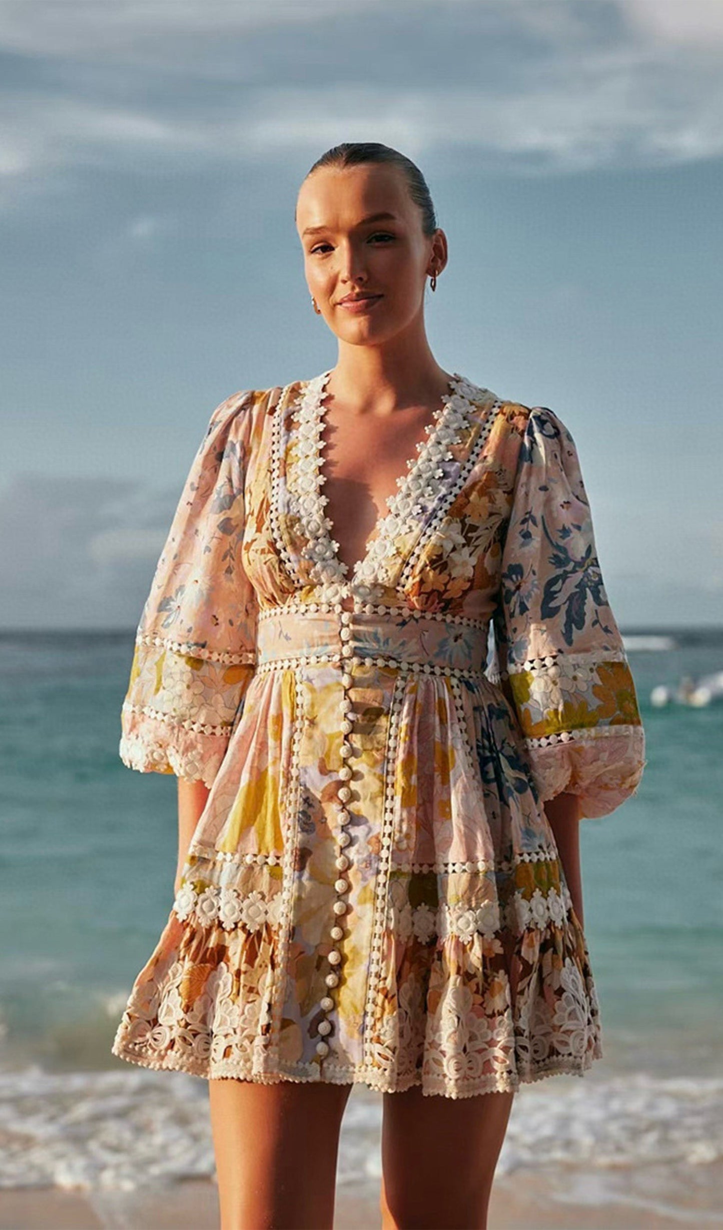 Floral V Neck Puff Sleeve Mini Dress