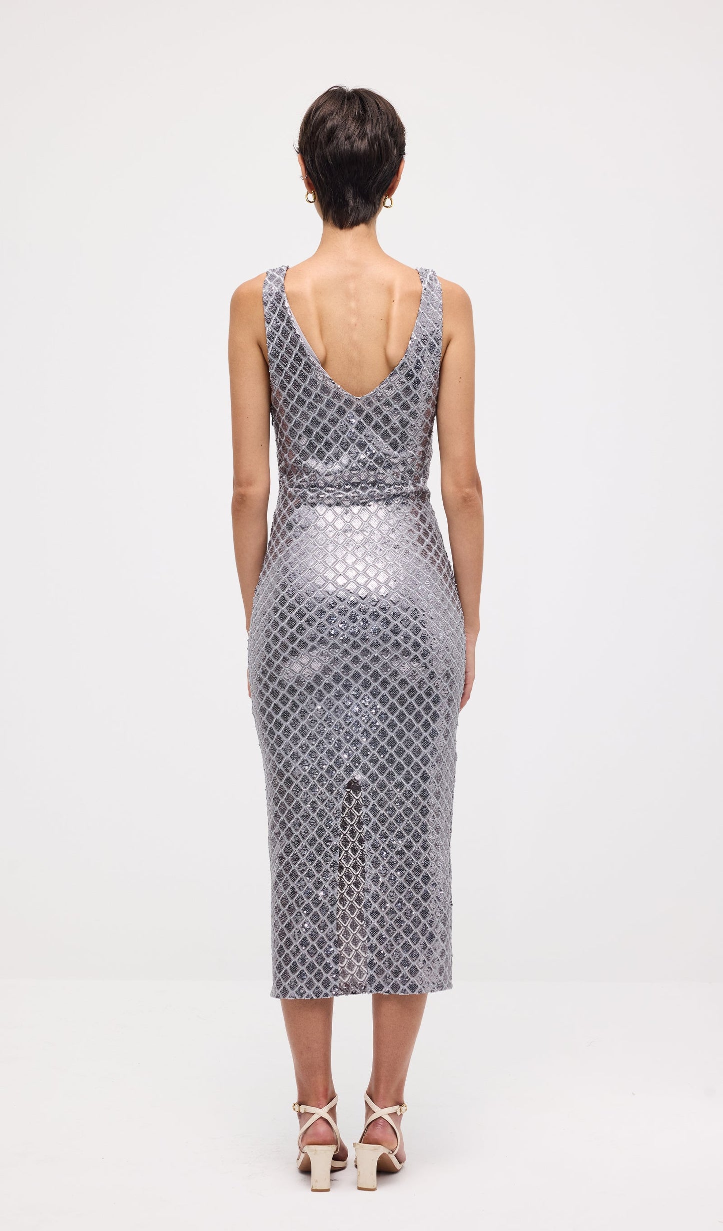 Sleeveless Embellished V Neck Midi Dress