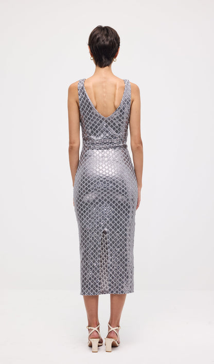 Sleeveless Embellished V Neck Midi Dress