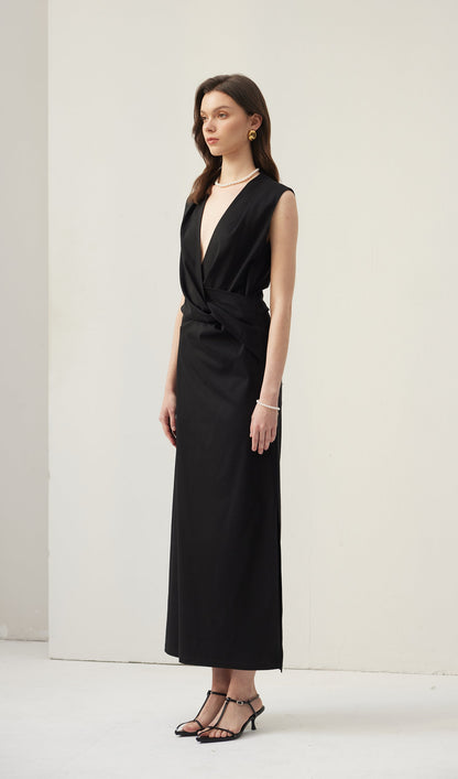 V Neck Crepe Twist Maxi Dress
