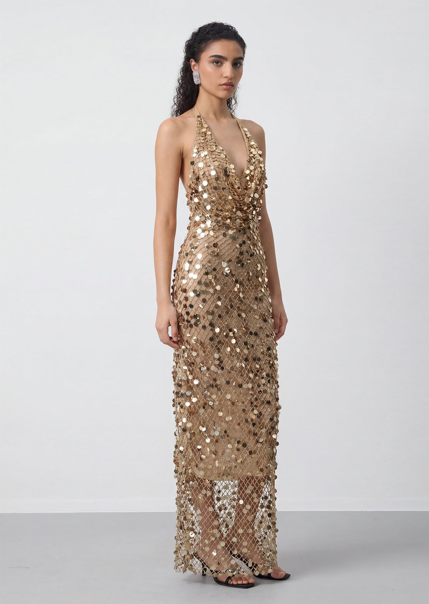 Halter Sequin Fishnet Maxi Dress In Gold