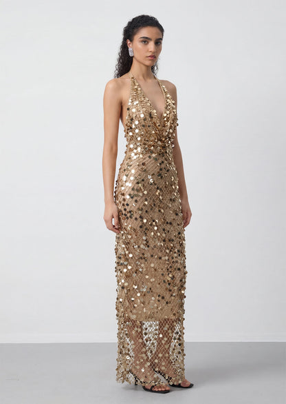 Halter Sequin Fishnet Maxi Dress In Gold