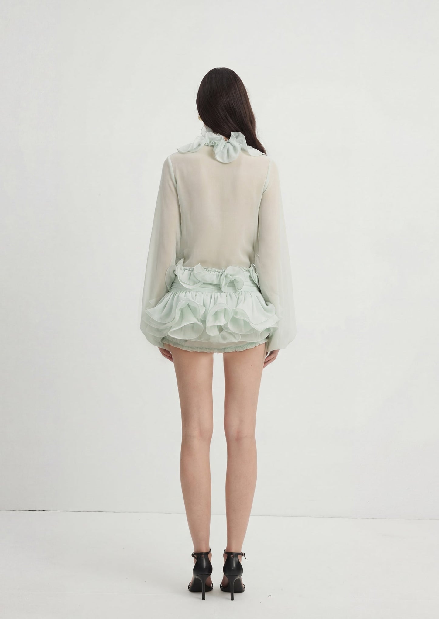 Flounced Chiffon Blouse & Skirt Two Piece Set