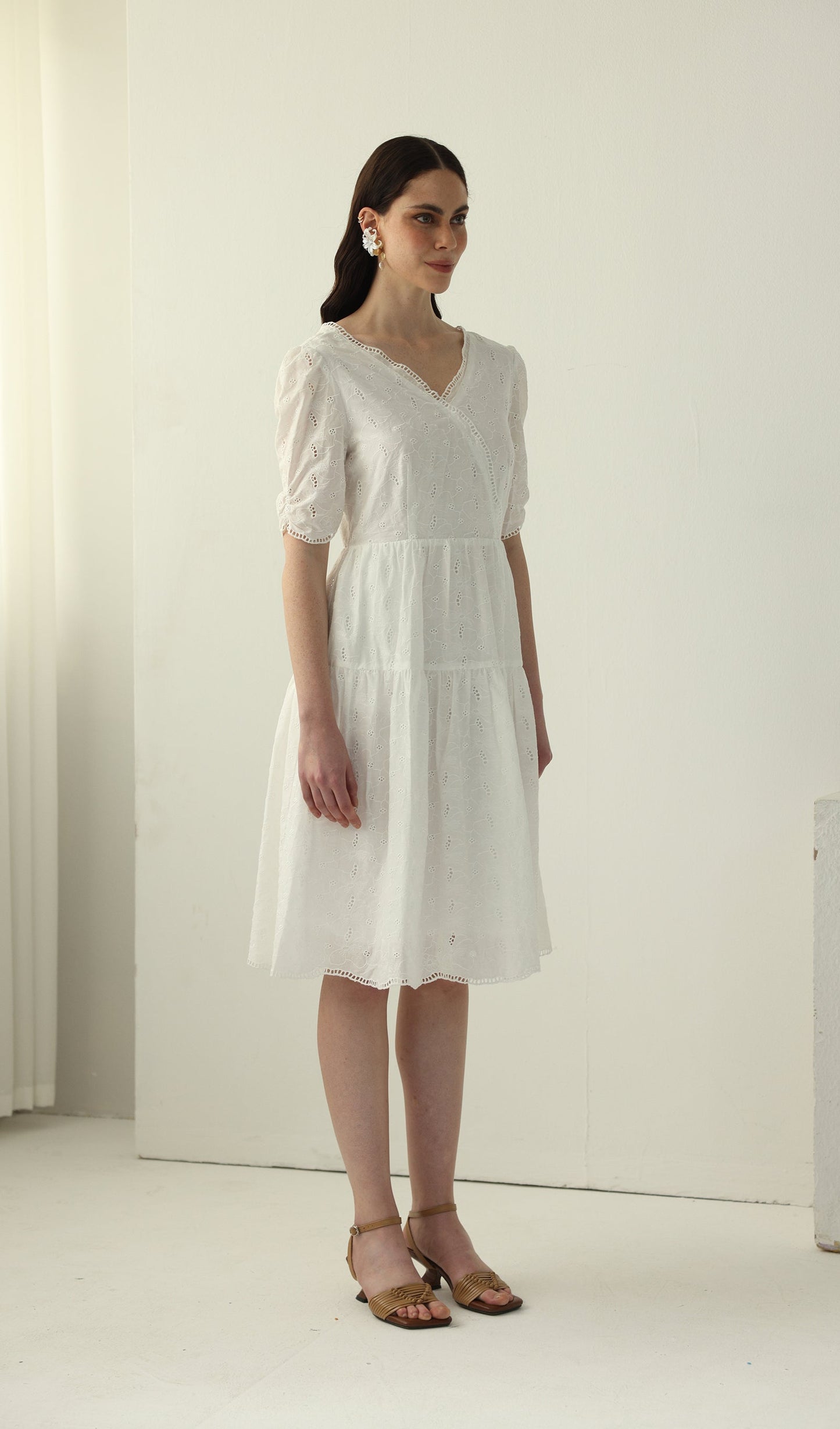 V Neck Midi Dress In White
