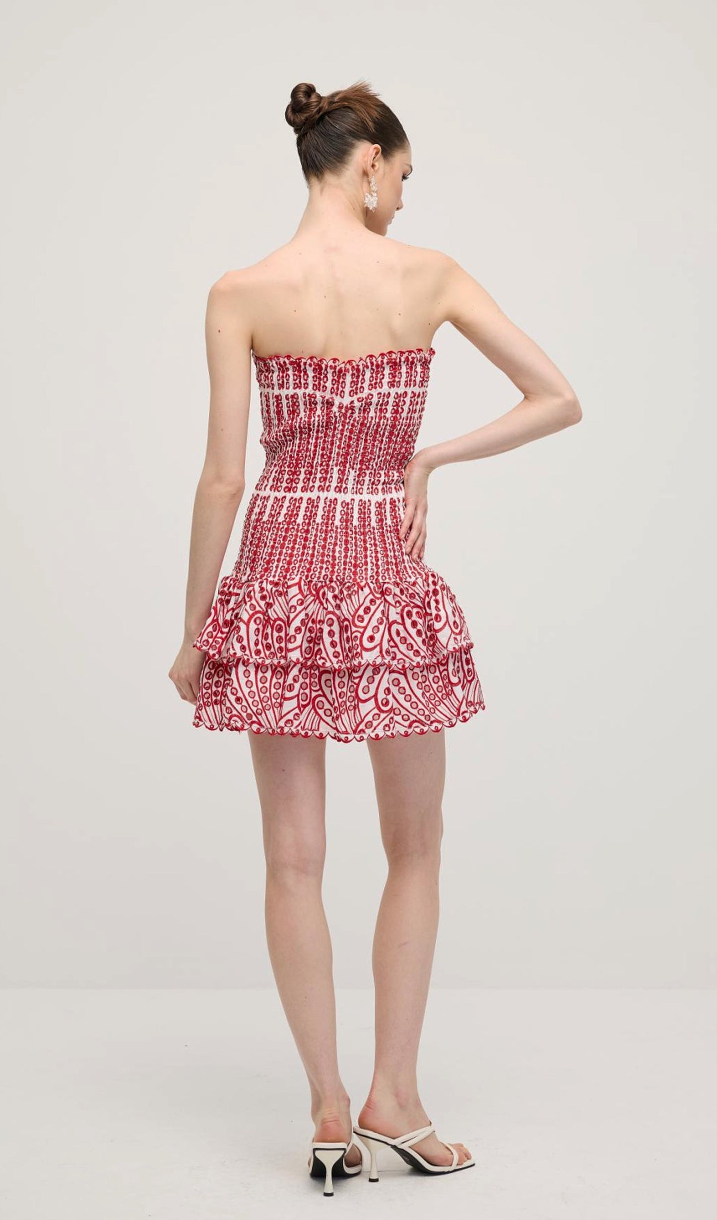 Embroidered Eyelet Cotton Mini Dress In Red