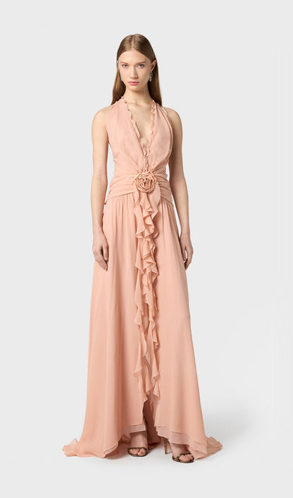 Halter Ruffles Rose Decoration Maxi Dress