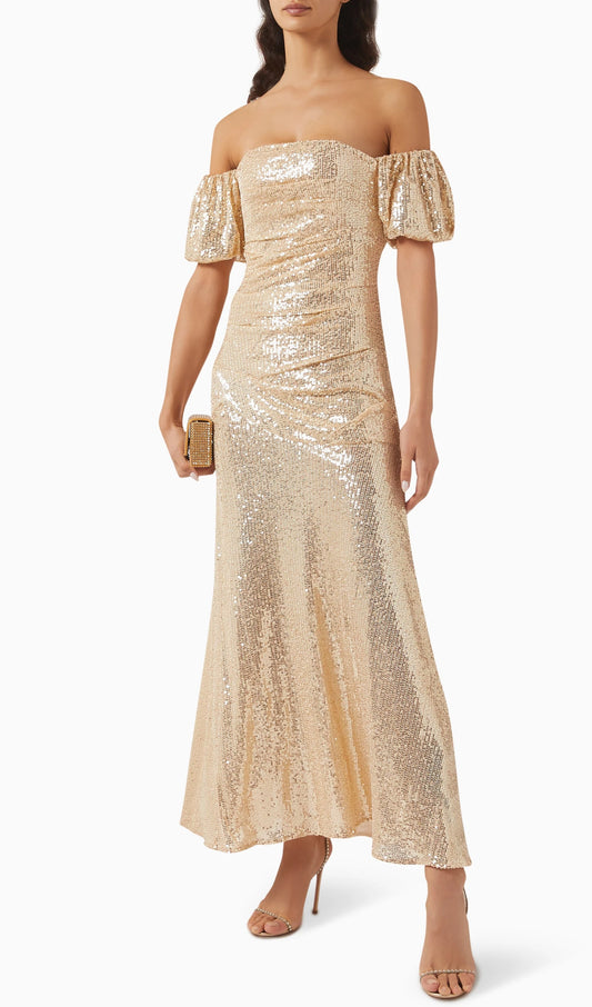 Off Shoulder Stretch Sequin Maxi Dress In Gold