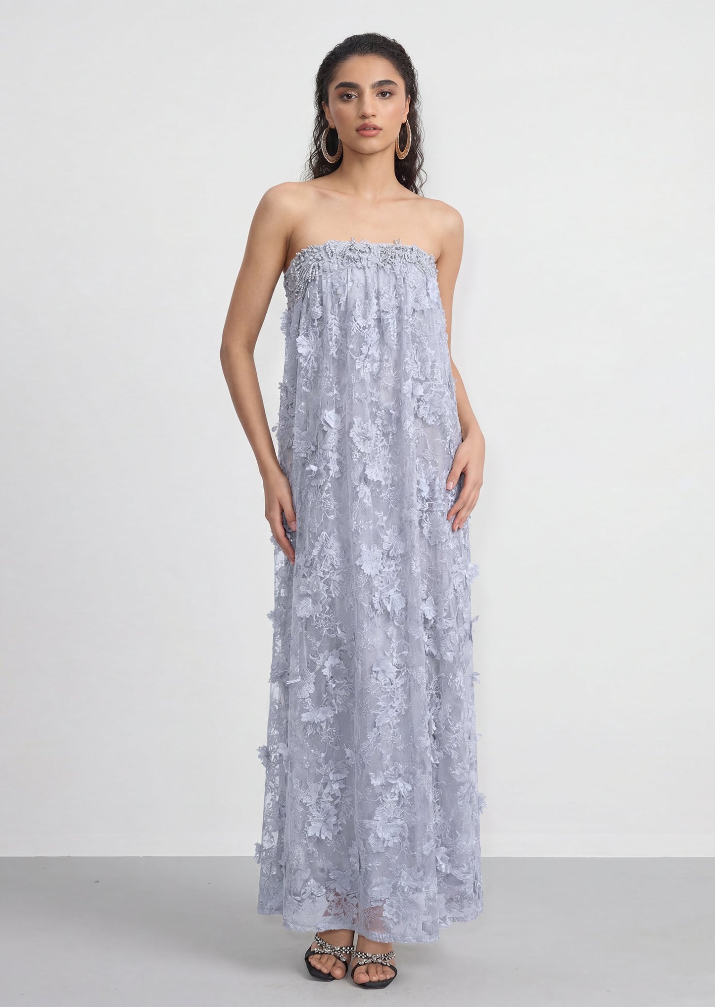 Solid Floral Applique Off Shoulder Dress