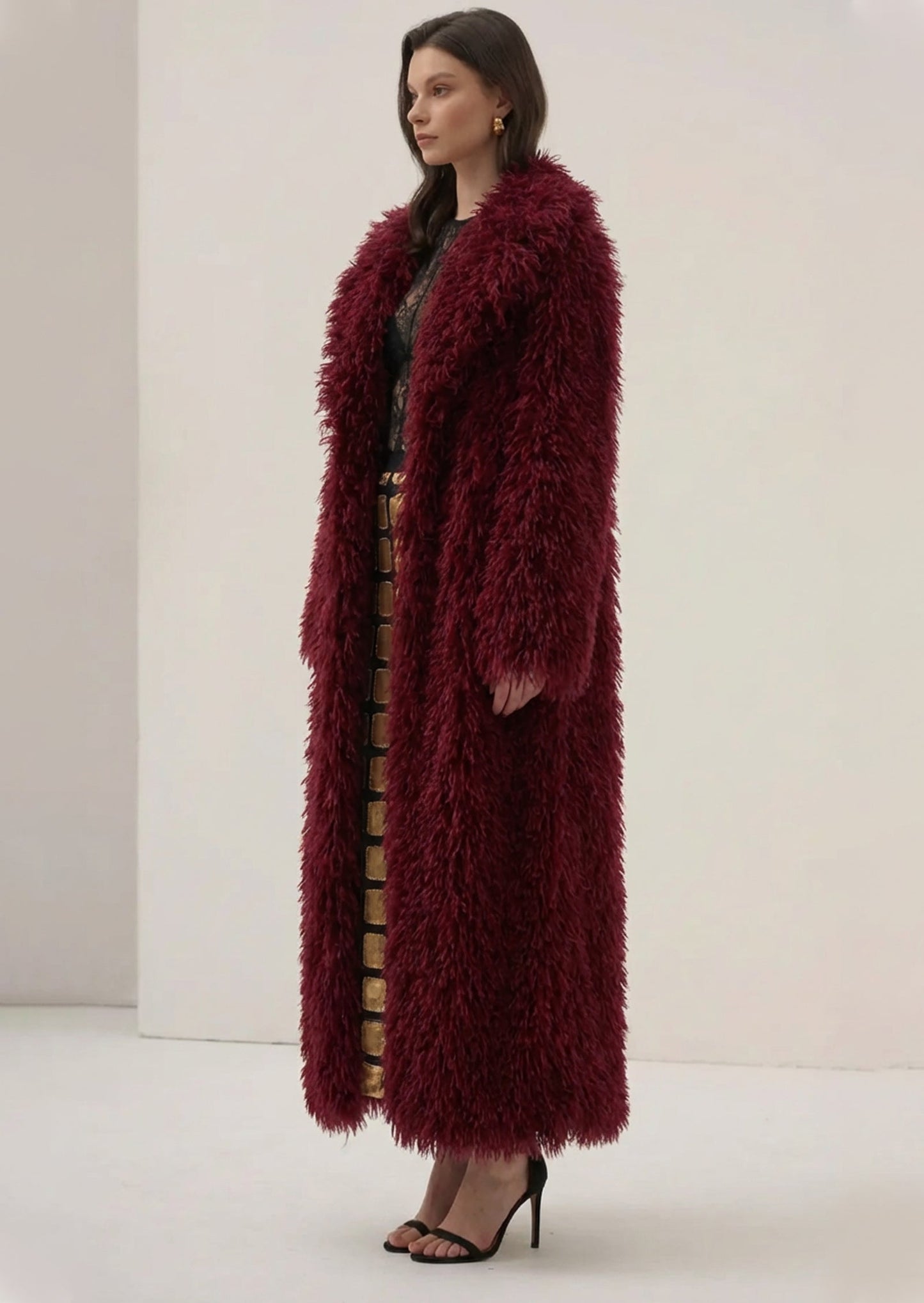 Faux Fur Maxi Jacket In Burgundy